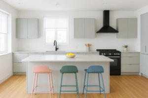 Hard wood flooring contrasted my bright chairs.